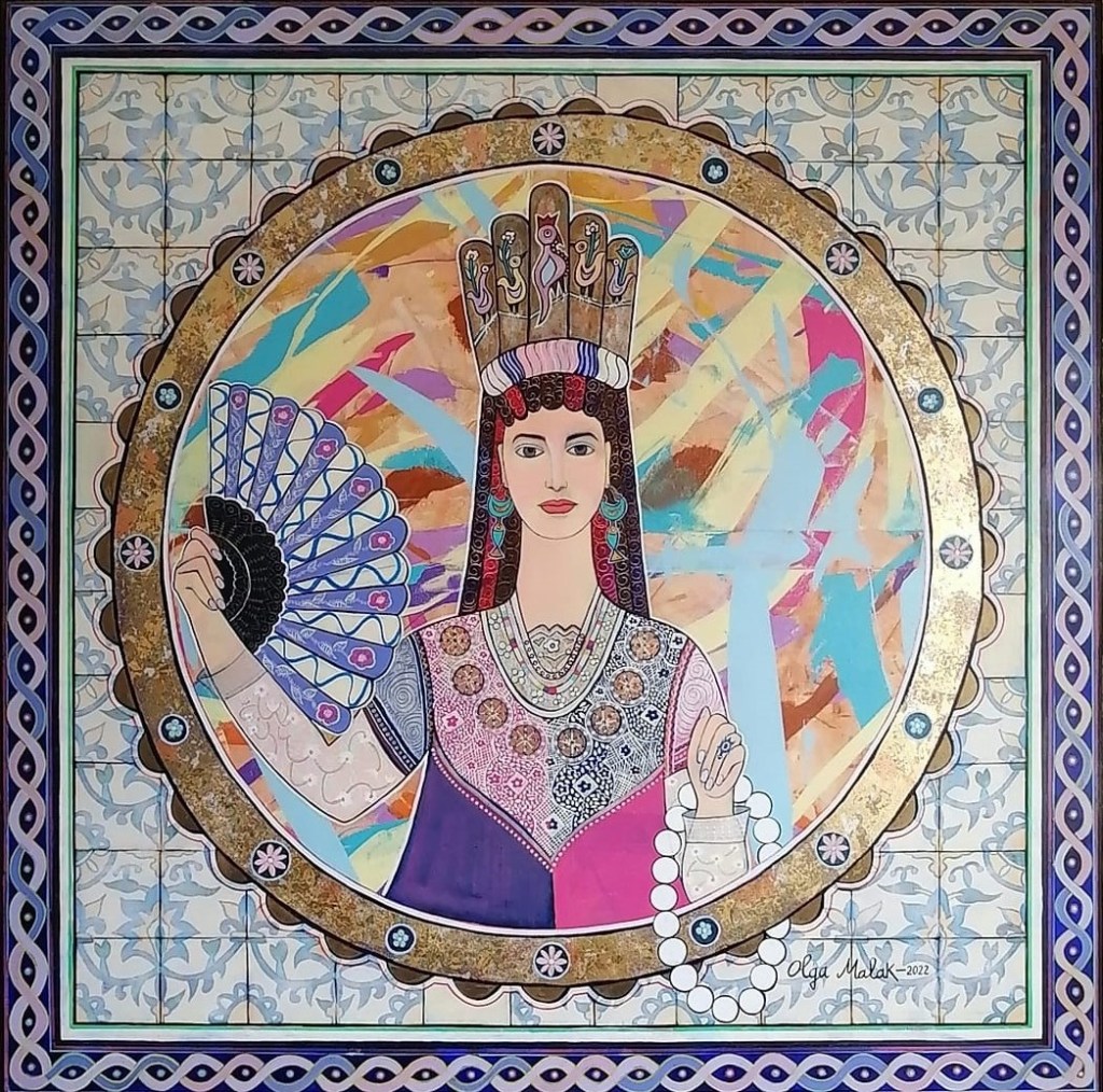 Olga Malakhova, artiste inspirée par les motifs anciens de la céramique tunisienne qu’elle intègre avec respect et délicatesse dans sa peinture.