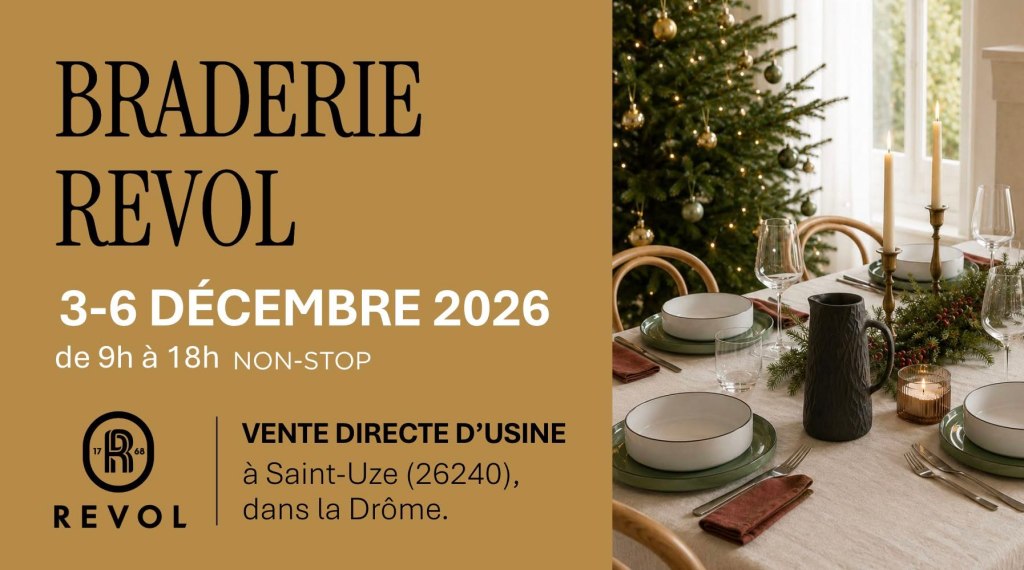 Affiche de la braderie Revol à Saint-Uze, du 3 au 6 décembre 2026 de 9 h à 18 h, avec une table de Noël en porcelaine.