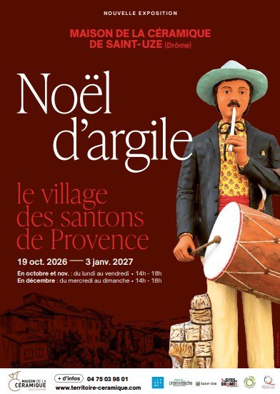 Affiche de l’exposition « Noël d’argile » à Saint-Uze : santon provençal jouant de la flûte et du tambour, du 19 octobre 2026 au 3 janvier 2027.